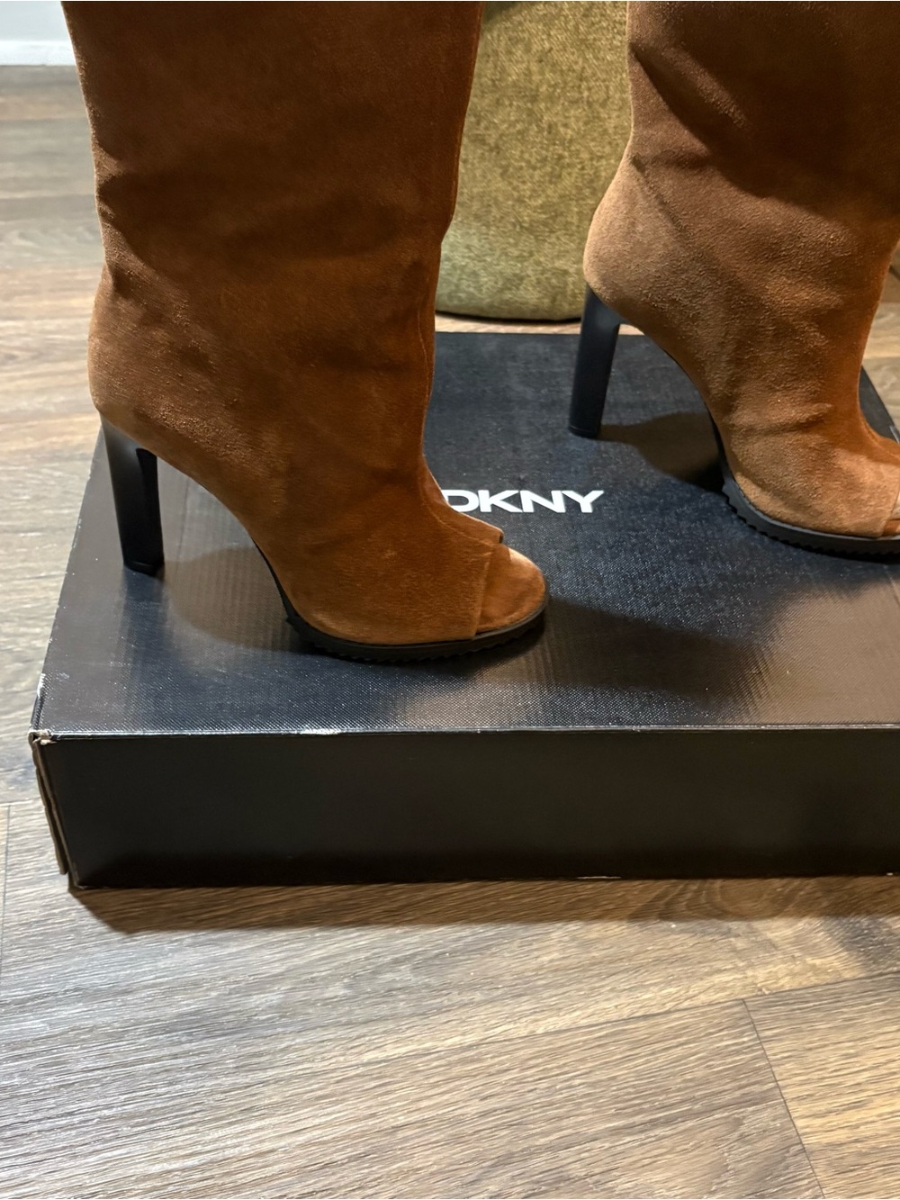 DKNY Chestnut Brown Suede Peep-Toe Heeled Boots